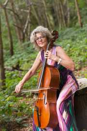 A cellist sits upon a woodland log, her posture poised and expression composed. The vibrant, painterly patterns of her dress contrast with the soft, dappled light of the forest, creating a quiet, atmospheric portrait of musical focus.#jerryfennerphotography #cello #cellist #woodlandphotography #portraitphotography #musicalportrait #outdoorportrait #musicianlife #classicalmusic #naturalportraiture