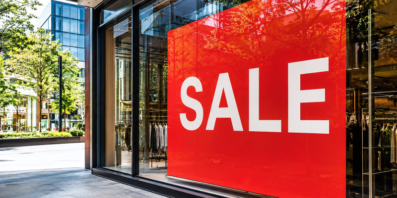 A striking red banner is displayed on the glass window of a modern boutique storefront, acting as an eye-catching marketing announcement for a seasonal sale. Located in a bustling urban district, this retail space showcases premium apparel and clothing to attract shoppers with an irresistible discount and promotional offer. The architectural facade, complete with reflections of the city high street, emphasizes the commercial business of luxury retail, inviting consumers to enjoy significant price savings during this daytime clearance event.#jerryfennerphotography#newforestphotographer#retailtherapy#saleseason#urbanphotography#fashionretail