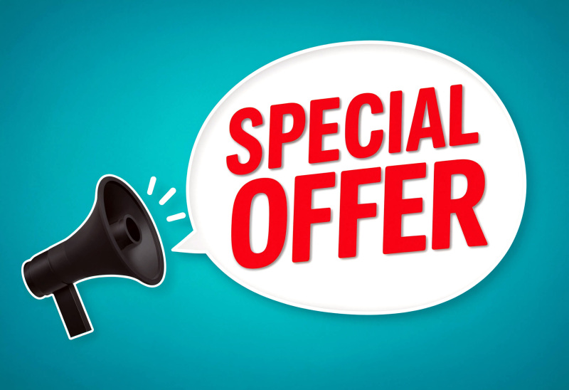 Announcement graphic featuring special offer speech bubble with megaphone illustration for promotional marketing campaigns