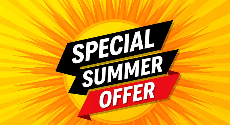 Bright summer sale advertisement with bold text and radiant sunburst background