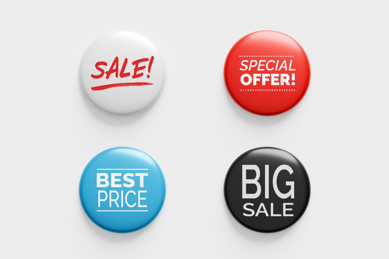 Retail sales promotion buttons offering special discounts