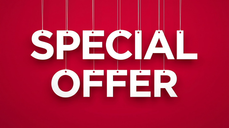 Special offer text hanging on strings, white bold letters on red background, promotional discount banner for retail marketing and sales events