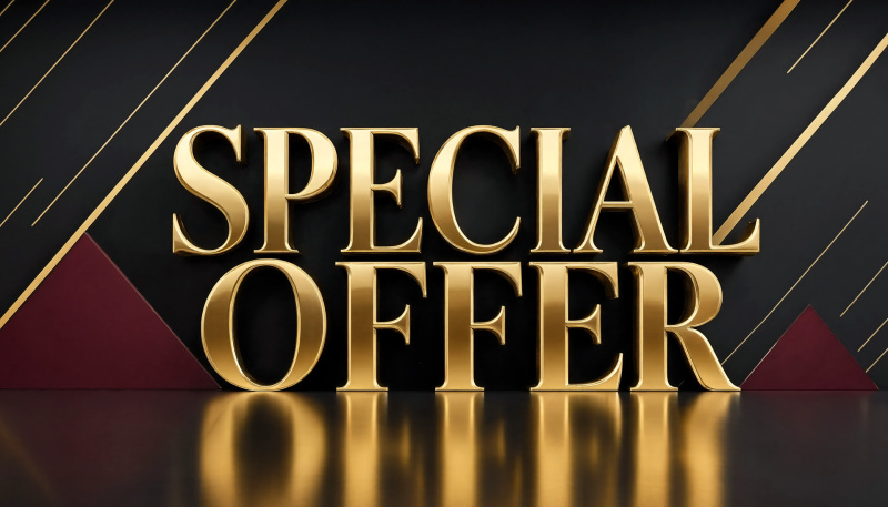 Golden special offer text on a sophisticated black and dark background with luxury design sales announcement retail discount premium quality 3D lettering shopping promotion business deal